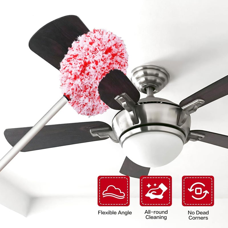 Heonay Ceiling Fan Cleaner Duster Reusable Microfiber Ceiling Fan Blade Cleaner Removable Duster with Extension Pole Adjusts 13 to 49.7 Inch for Cleaning Walls Furniture Door Window Top (Red White) - Image 2